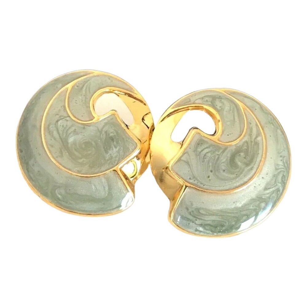 Vintage 1980s Light Green Enamel Swirl Earrings Gold Tone Pierced NOS - 7L